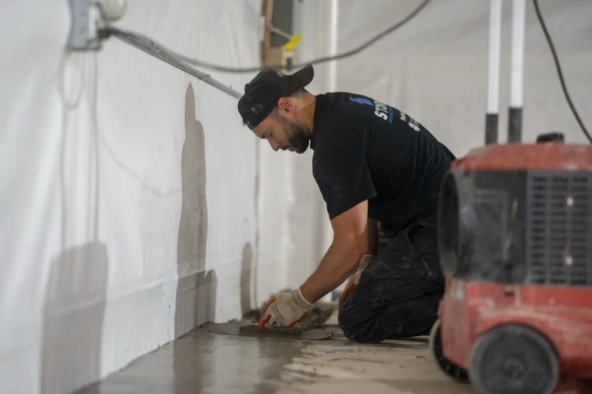 Technician installing basement floor drainage system
