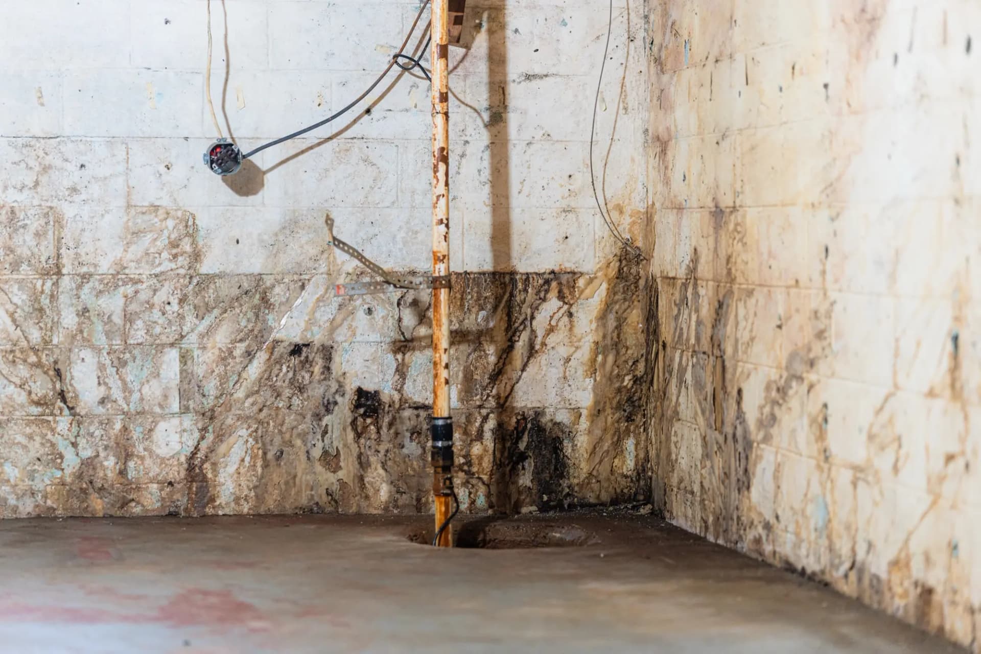 Water damage and mold growth on basement wall