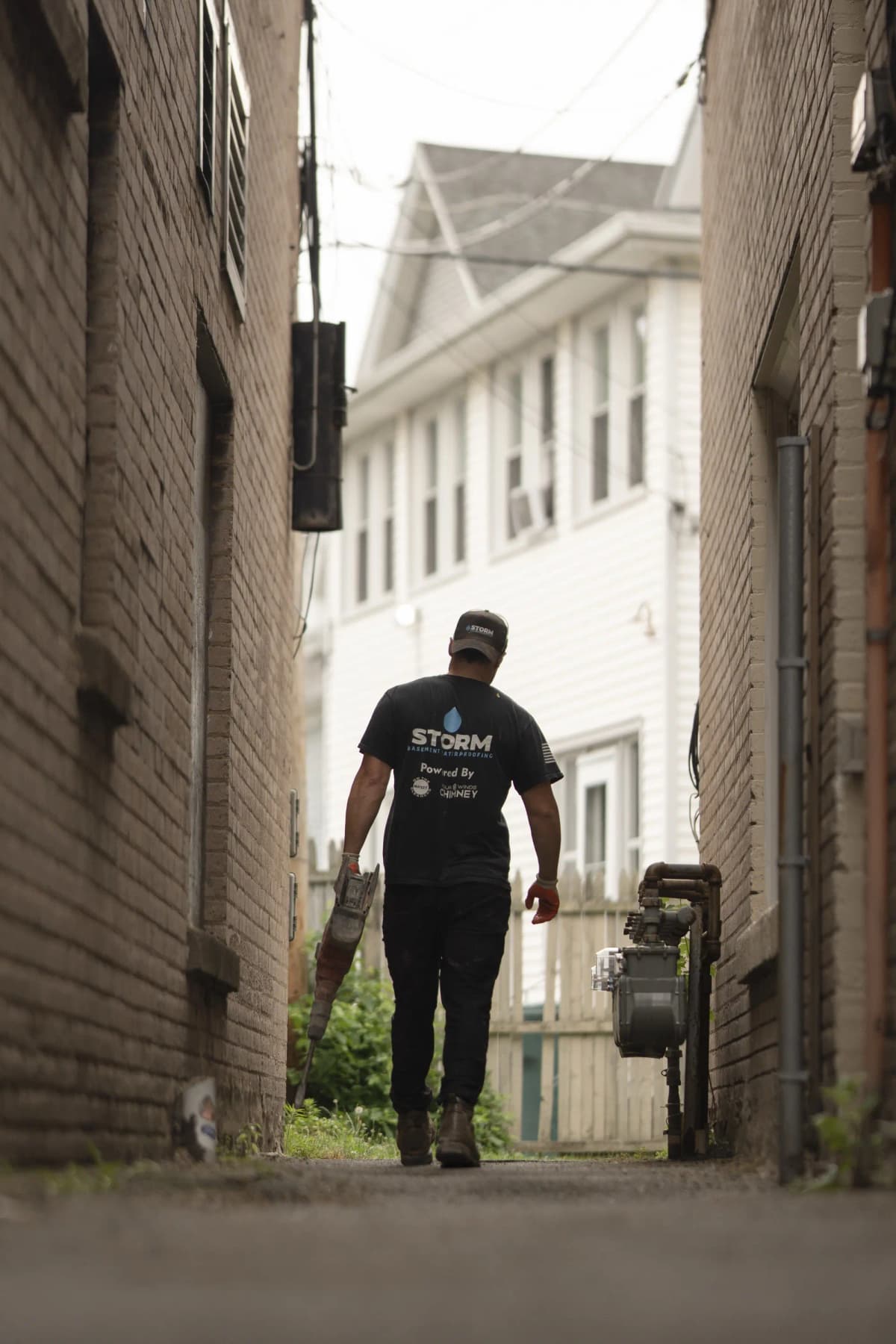 Storm technician arriving for basement inspection
