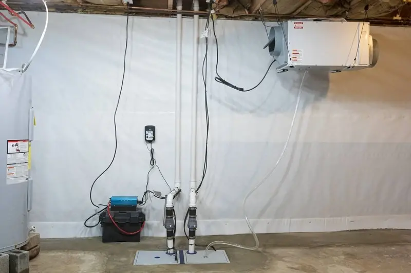 Sump pump system with battery backup and dehumidifier installed in basement