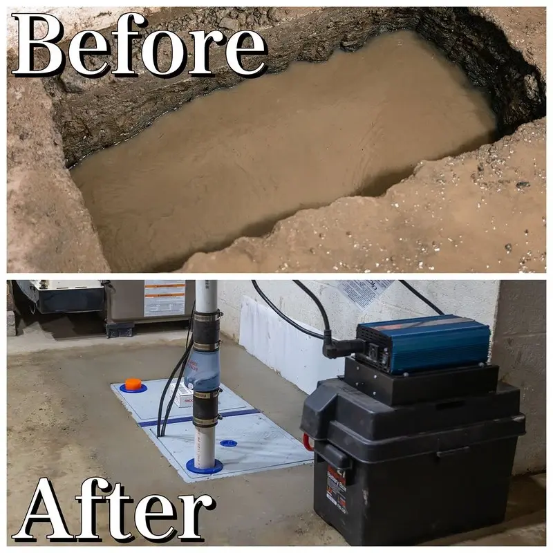Before and after comparison of sump pump installation in basement