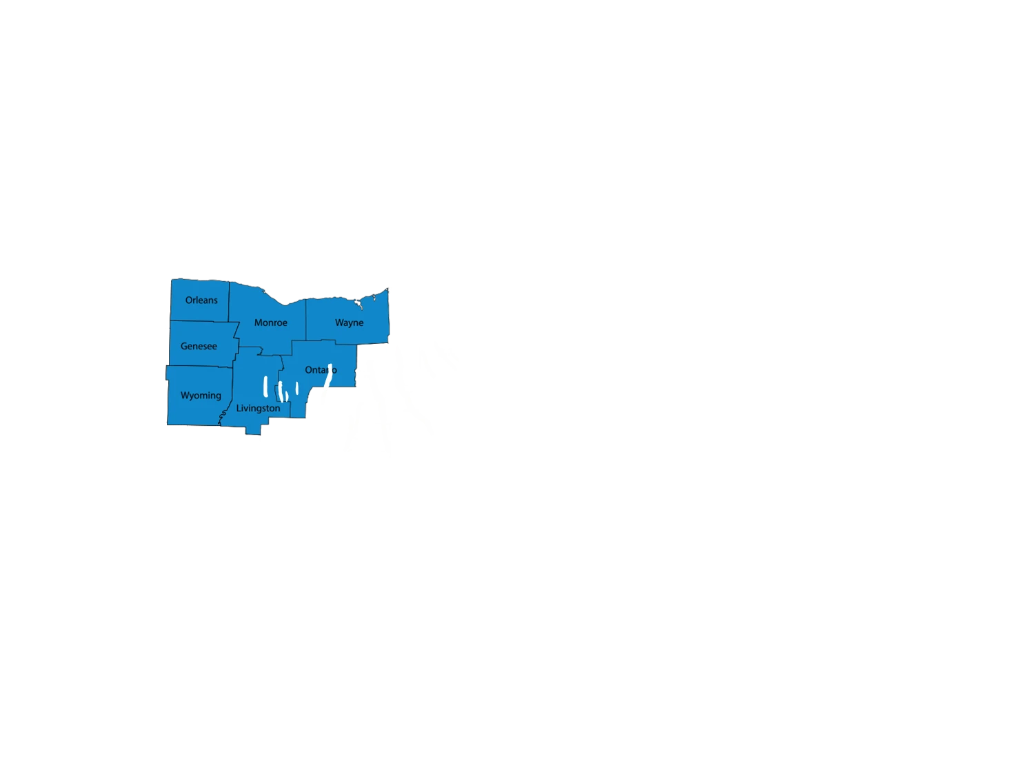 Map of the seven New York counties STORM serves: Orleans, Genesee, Wyoming, Monroe, Livingston, Ontario and Wayne